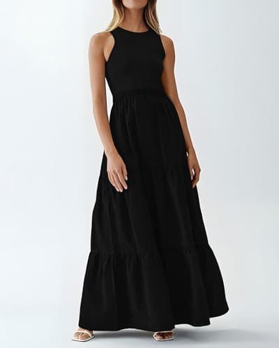 BTFBM Women Sleeveless Summer Dresses Wedding Guest Maxi Dresses Ribbed Knit Tops and Polyester Skirt with Pockets(Solid Black,Large) - Thumbnail 2