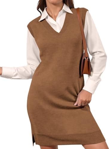 Wenrine Womens Sleeveless Sweater Vest Dress Casual Chunky Knit V Neck Loose Slit Fall Tank Midi Dresses Brown - Image 1