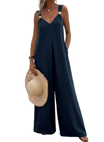 Acelitt Women Casual 2026 One Piece Jumpsuits Dressy Fashion Fall V Neck Sleeveless Loose Wide Leg Long Pant Rompers Outfits Blue Medium - Image 1