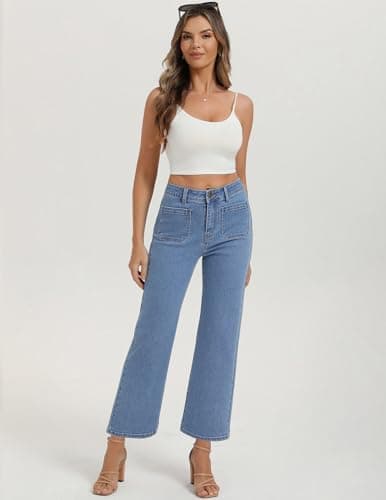 Belle Poque Women Straight Leg Jeans Light Blue Mid Rise Stretchy Wide Leg Denim Pants with Pockets Front (Light Blue, 16) - Thumbnail 5
