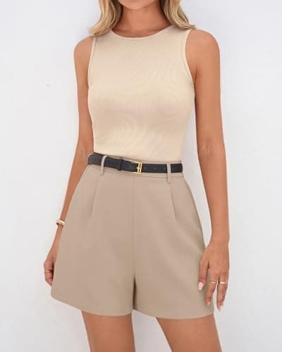 BTFBM 2 Piece Sets for Women Summer 2026 Sleeveless Matching Short Sets Tank Crew Neck Airport Travel Outfits Pockets(Apricot+Khaki, XX-Large) - Thumbnail 2