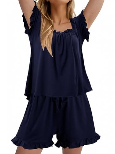 StunShow Bridal Pajama Set Bachelorette Outfits Bride Ruffle Pajama Set Pajamas Women Set Womens Pajama Sets Lounge Set Women Navy S - Image 1