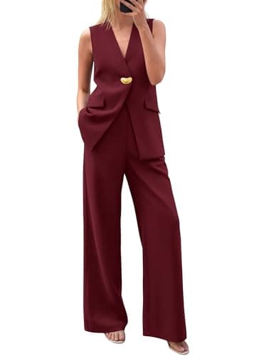 KIRUNDO Pant Suits for Women Dressy 2 Piece Sets Sleeveless Blazer Vest Wide Leg Matching Pantsuit Business Casual Outfits(Burgundy, X-Large) - Image 1