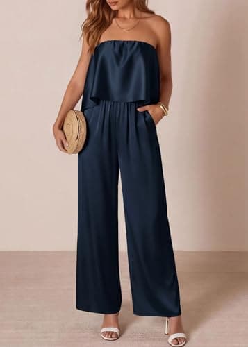 KIRUNDO Strapless Jumpsuits For Women Dressy 2026 Casual Satin Summer Romper Flowy Tube Top One Piece Vacation Outfits(Navy Blue, Small) - Thumbnail 3