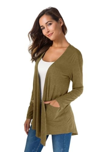 TownCat Womens Lightweight Cardigans Long Sleeve Open Front Casual Cardigan with Pockets (Khaki, XL) - Thumbnail 3