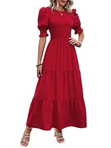 BTFBM Women Casual Summer Dresses 2026 Spring Crew Neck Ruffle Short Sleeve Smocked Floral Boho Flowy Maxi Dress Clothes(Solid Red, Large) - Image 1