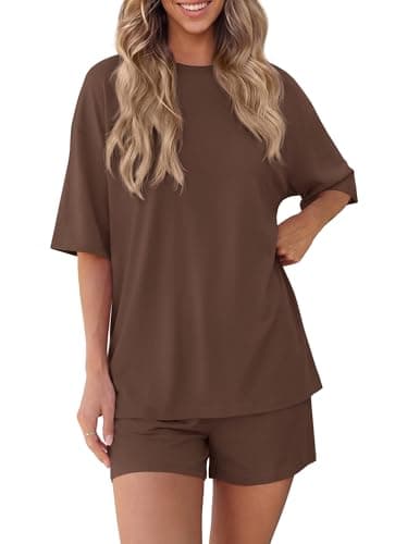 BTFBM Two Piece Sets For Women Summer Outfits Short Sleeve Tops Lounge Shorts Sets Oversized Matching Sets Pockets 2026(Brown, Medium) - Image 1