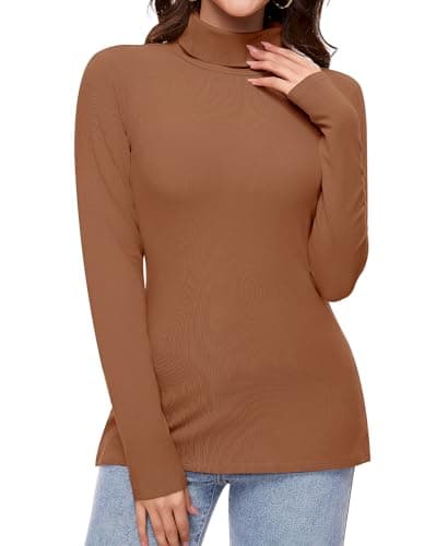 Ganado Long Sleeve Shirts for Women Turtleneck Thermal Shirt Layering Basic Tops Fitted Plain Undershirts (Coffee, Medium) - Image 1