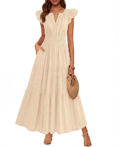 BTFBM Womens Summer Maxi Dress 2026 Spring Boho Vacation Ruffle Flutter Short Sleeve A Line Tiered Flowy Dresses Pockets(Apricot, Small) - Image 1