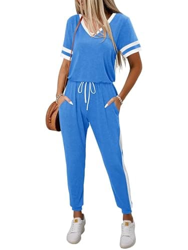 Magritta 2 Piece Outfits for Women 2026 Summer Casual Blue Lounge Jogger Sets Petite White Stripes Sleeve Top and Long Pants with Pockets S - Thumbnail 2