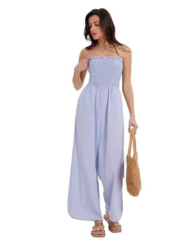 MOOSLOVER Women Linen Jumpsuits Strapless Wide Leg Palazzo Pants Romper 2026 Resort Wear Beach Vacation Outfits(L,Light Blue) - Image 1