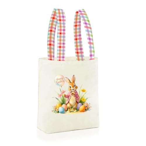 DCLOVERY Easter Basket Bunny Canvas Tote Bag, 12.2x11 Inches, Natural Canvas, Hand-Carry, for Gift and Easter Egg Collection (B-Pink)