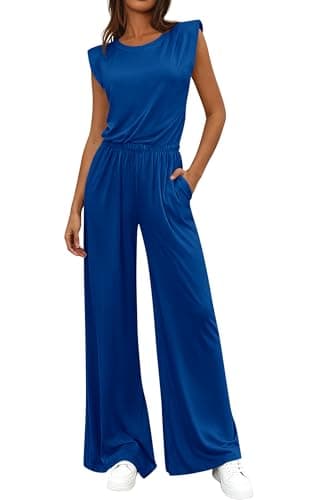 BTFBM 2 Piece Sets for Women Spring 2026 Casual Shoulder Pad Tank Top Wide Leg Pants Matching Set Travel Airport Outfits(Royal Blue, Small) - Image 1