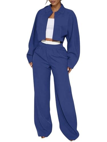 EXLURA Womens 2 Piece Outfits Long Sleeve Zip Up Crop Jackets Long Wide Leg Pant Suits Spring Airport Travel Matching Sets - Image 1