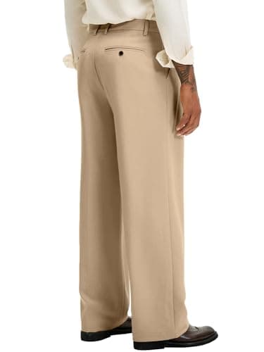 Comdecevis Pleated Mens Dress Pants Relaxed Fit Mens Pants Casual Straight Wrinkle-Free Vintage Trousers, Khaki, 38W x 30L - Thumbnail 2