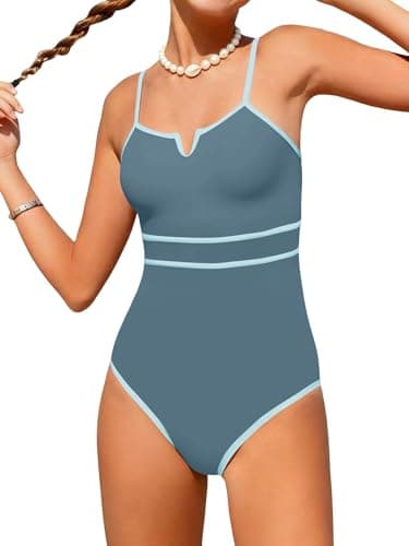 AMAWMW Teen Girls Swimsuit One Piece Bathing Suit V-Neck Cutout Swimwear Summer Beach Swim Suit for Girls 7-16Y, Gray Blue, 11-12Y - Image 1