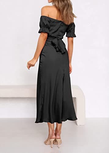 KIRUNDO Women's 2026 Spring Summer Satin Wedding Guest Midi Dress Off The Shoulder Wrap Party Cocktail Formal Prom Dresses(Black, Large) - Thumbnail 6