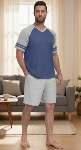 PrinStory Mens Pajamas Set Short Sleeve Lightweight and Soft Pajama Sets Summer Pjs Sets with Pockets Gray Blue Light Gray-2XL - Thumbnail 3