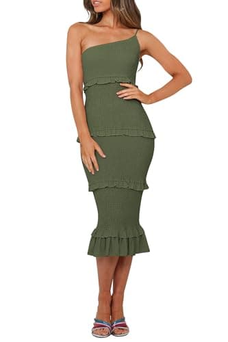 PRETTYGARDEN Women's Summer Midi Bodycon Dresses One Shoulder Strappy Tiered Ruffle Floral Boho Sun Dress (Solid Army Green,X-Large) - Image 1