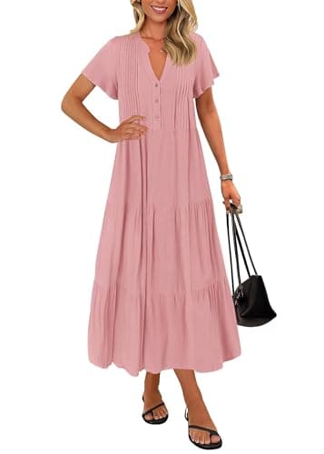 KIRUNDO Summer Maxi Dresses for Women 2026 Spring Fashion Short Sleeve Button V Neck Pleated Loose Tiered Swing Flowy Dress(Pink, Medium) - Image 1
