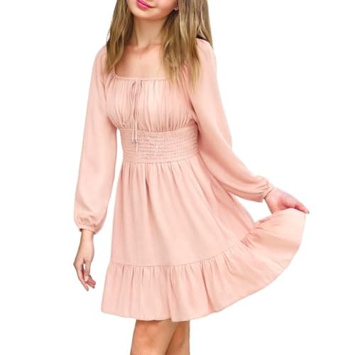 Simplee kids Girls Dresses Fall Long Sleeve Dress for Girl Tween Off Shoulder Smocked Dresses Size 12-13 Years Light Pink - Image 1