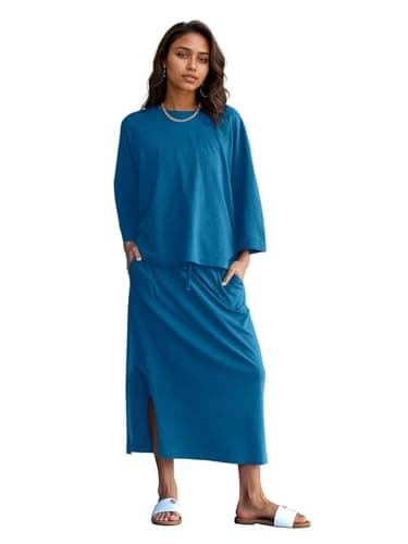 Halfword 2 Piece Sets for Women Oversized Shirt and Maxi Skirt Set Vacation Clothes Casual Lounge Set with Pockets Peacock Blue L - Thumbnail 2