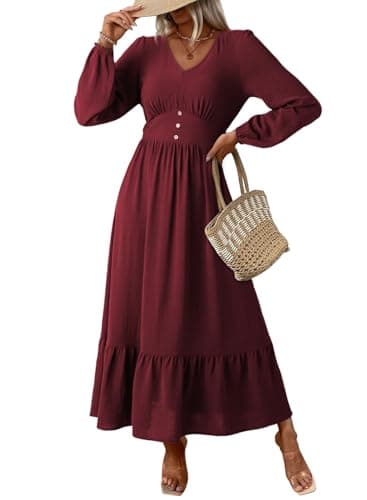 Dokotoo Fall Outifits for Women 2025 V Neck Puffy Long Sleeve Flowy Wedding Guest Dresses Swing Casual Long Dress Tiered Ruffle A Line Elegant Cocktail Party Dresses Red Small - Image 1