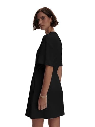 COCOMARTS Dresses for Women Summer Short Sleeve Crew Neck Sweatshirt Dress Drawstring Waist Tunic Tops Mini Vacation Sundress Black Medium - Thumbnail 3