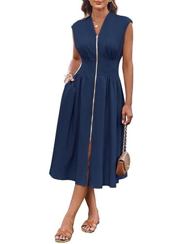 GRACE KARIN Sleeveless Dress for Women V Neck Cap Sleeve Smocked High Waist Flowy Work Dress with Zipper Navy Blue 2XL - Thumbnail 5