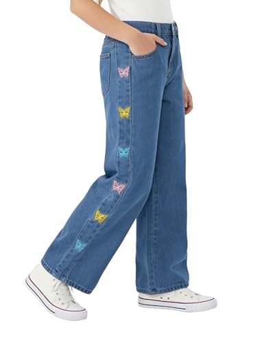 PATPAT Girls Jeans Denim Y2K Elastic Wasit Wide Leg Baggy Jean Trendy Preppy Pants Kids Clothes with Pockets Butterfly 7-8 Years - Image 1