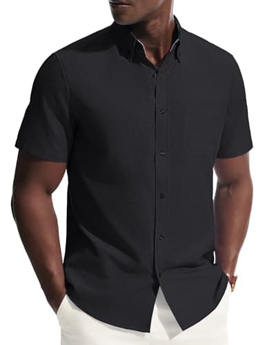 PJ PAUL JONES Mens Dress Shirts Oxford Button Down Shirt Short Sleeve Business Casual Untucked Shirts with Pocket Black XL - Image 1