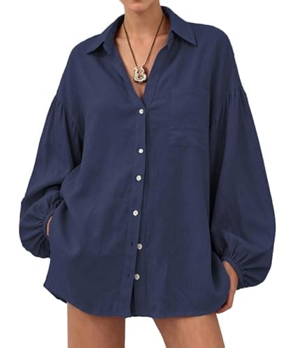 AceNest Lantern Sleeve Linen Shirts Loose Fit Beach Vacation Outfits Flowy Linen Blouse Navy M
