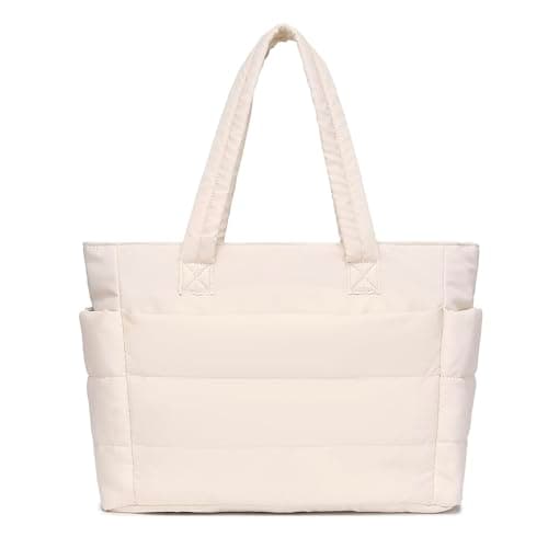 TSWONKS Puffer Tote Bag for Women, Lightweight Tote Bag for Women with Cup Holder & Laptop Compartment & Trolley Sleeve Birthday Valentines Day Gifts for Nurse Teacher Mom Girl Beige - Image 1