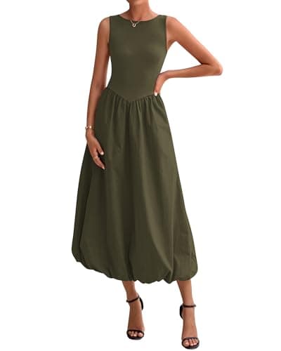 BTFBM Women's 2026 Summer Casual Sleeveless Midi Dress Patchwork Knit Tank Bubble Long Flowy Beach Maxi Sundress Pockets(Army Green, Medium) - Image 1