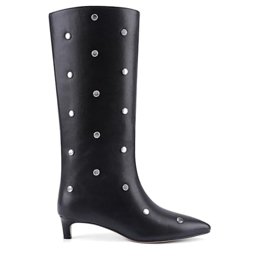 QIV Black Studded Knee High Boots Women Pointed Toe Kitten Heel Mid Wide Calf Boots with Zipper Size 6 - Image 1