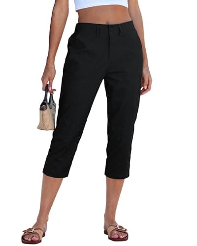 GRAPENT Women Capris Utility Capris for Women Casual Summer Straight Leg Capri Pants for Work Trendy Cotton Comfortable Cropped Pants High Waisted Black Size 16 to 18 - Image 1