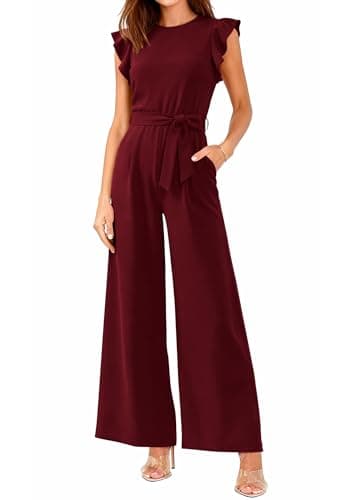 BTFBM Women Jumpsuits Crew Neck Ruffle Cap Sleeve Belted High Waist Wide Leg Romper with Pockets One Piece Casual Outfits(Wine Red, X-Large) - Image 1