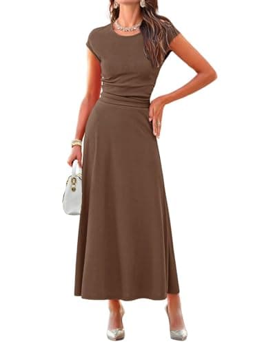 Dokotoo Women Two Piece Skirt Set Summer Dresses for Women 2026 Women's 2 Piece Outfits Dressy Casual Knit Short Sleeve Crop Top Middle Waist Solid Midi Dress Brown Prom Dresses Small - Image 1