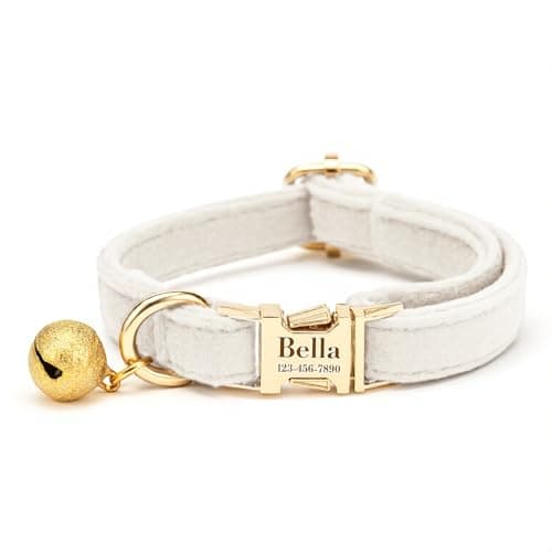 Custom Cat Collar with Bells Personalized Small Cat Collar Engraved Name & Phone Number with Secure Metal Quick-Release Buckle Adjustable (Off-White​) - Image 1