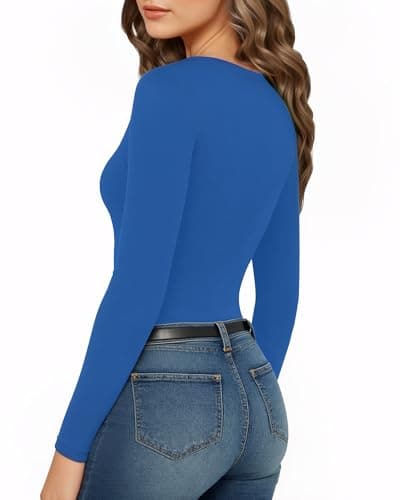 TRENLIVER Womens Long Sleeve Body Suits Scoop Neck Thong Bodysuits Shirts Trendy Fall Going Out Tops Y2K 2025 Royal Blue XL - Thumbnail 3