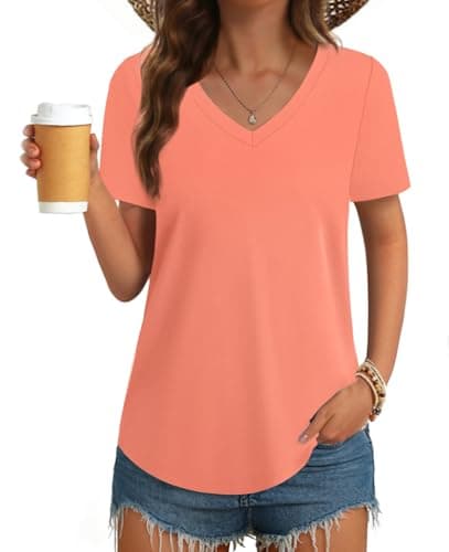 GKBK Womens T Shirts V Neck Short Sleeve Cotton Tops Summer Curved Hem Trendy Basic Tee Shirt Orange XL - Image 1
