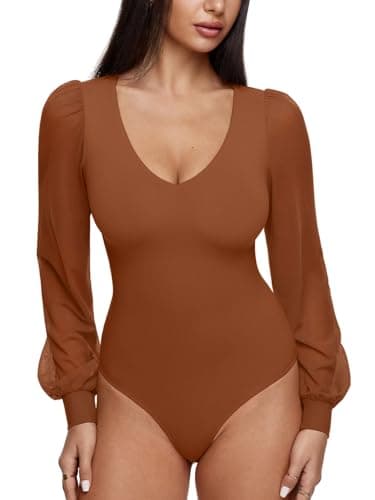 REORIA Womens Mesh Long Sleeve Bodysuit Double Lined V Neck Slimming Body Suits Sexy Cute Going Out Tops Shirts Fall Outfits Sierra Medium - Image 1