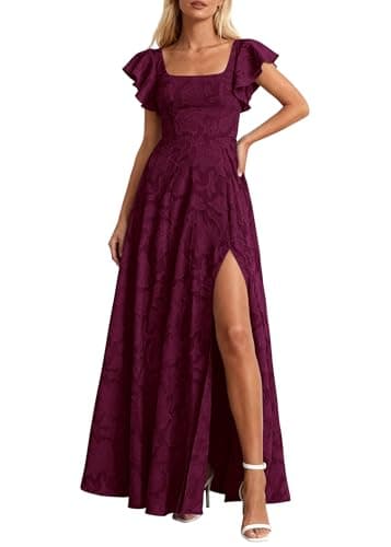 KIRUNDO Cocktail Dresses for Women Elegant Wedding Guest Summer Formal Maxi Lace Floral Slit Prom Party Bridesmaid Dress (Burgundy, X-Large) - Image 1