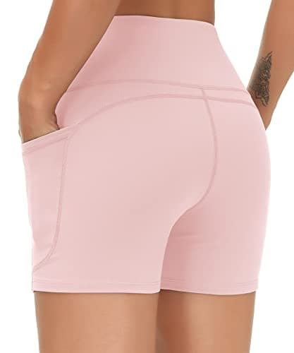 THE GYM PEOPLE High Waist Yoga Shorts for Women's Tummy Control Fitness Athletic Workout Running Shorts with Deep Pockets (Small, Pink) - Thumbnail 4
