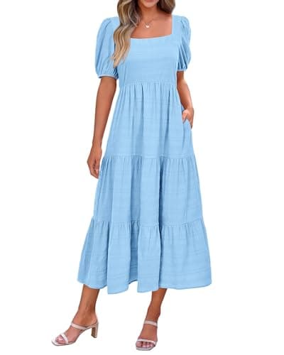 PRETTYGARDEN Women Trendy Dresses Sexy Square Neck Puff Sleeve Smocked Back Ruffle Birthday Party Club Vacation Dress(Light Blue,XX-Large) - Image 1