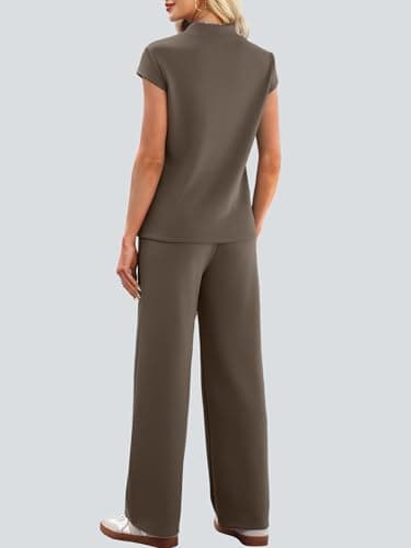 Casly Lamiit Womens Sets 2 Piece Outfits Summer Mock Neck Tops Casual Short Sleeve Travel Lounge Set Airport Beach Vacation Resort Wear Coffee M - Thumbnail 5
