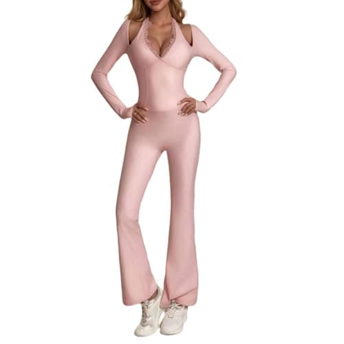 KAIFUYING One Piece Wide Leg Jumpsuits For Women Workout Long Sleeve Jumpsuit Flare Yoga Romper V-Neck Sexy Lace Pink-M - Image 1