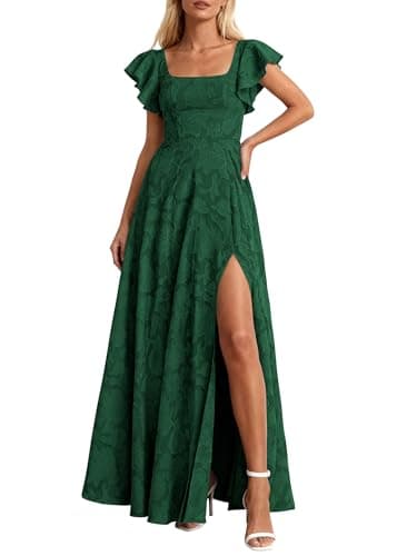 KIRUNDO Cocktail Dresses for Women Elegant Wedding Guest Summer Formal Maxi Lace Floral Slit Prom Party Bridesmaid Dress (Dark Green, Medium) - Image 1