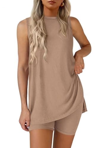 PRETTYGARDEN 2 Piece Sets for Women 2026 Summer Lounge Shorts Set Matching Resort Airport Travel Loungewear Outfits Clothing (Khaki,Small) - Image 1