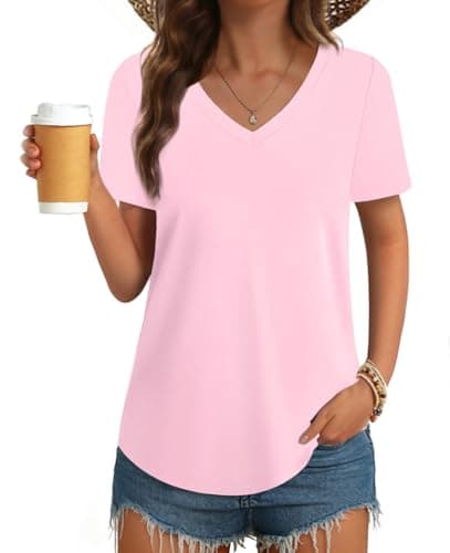 GKBK Women Cotton Shirts V Neck Loose Fit T Shirts Short Sleeve Summer Curved Hem Plain Tee Top Pink S - Image 1